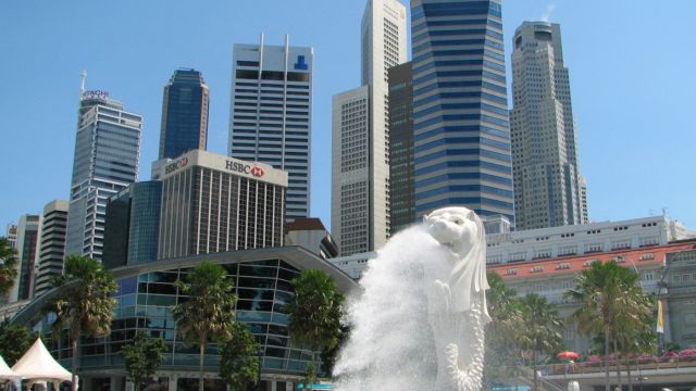 The Merlion is the national emblem of Singapore. Its landmark statue, once at the Merlion Park, was relocated to the front of the Fullerton Hotel in April 2002.